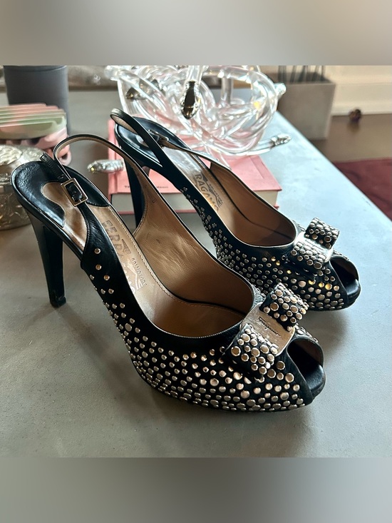 Salvatore Ferragamo Shoes - SALVATORE FERRAGAMO Black Leather Louvre Scilla Studded Slingback Heels, sz US 8